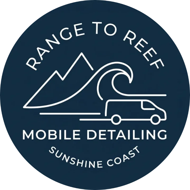 Range to Reef Mobile Detailing badge: mountains, a wave and a van, Sunshine Coast