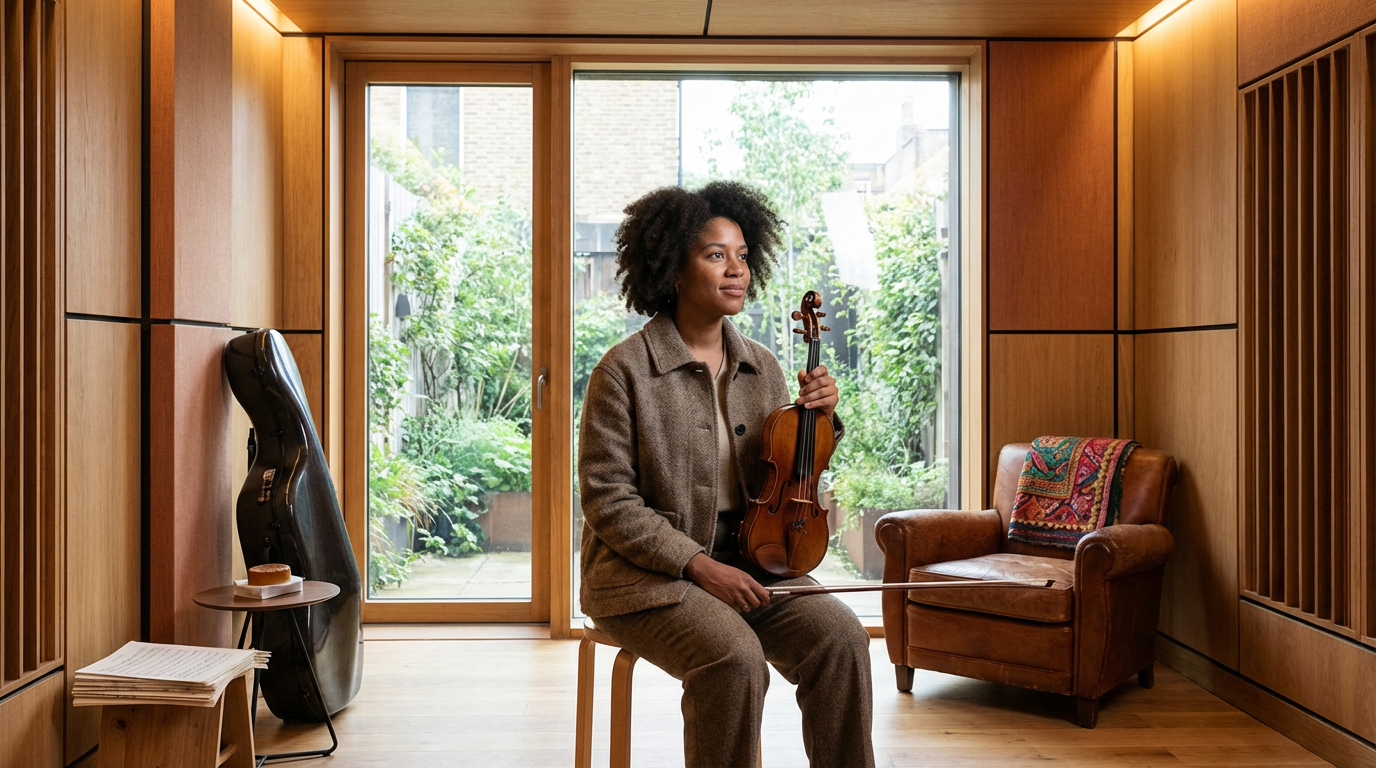 A woman sitting in a wooden room holding a violin, with a large glass door leading to a garden in the background.