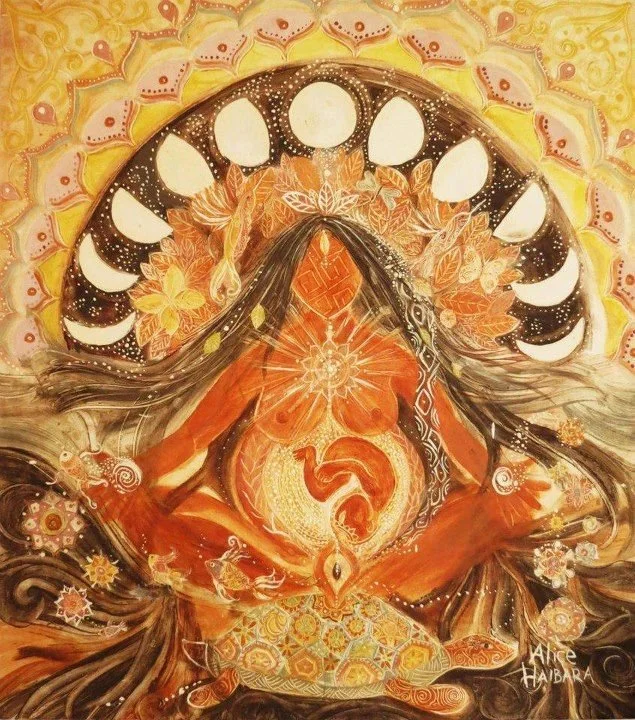 Artwork depicting a spiritual figure with a cosmic background, celestial phases, and intricate patterns, emphasizing themes of astrology and femininity.