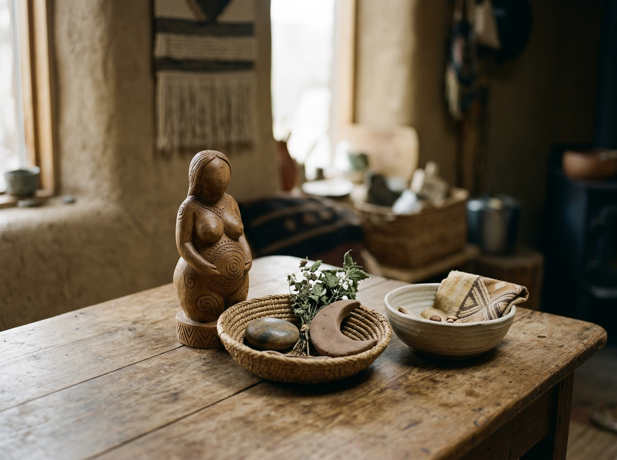 Decorative wooden figurine of a woman, woven baskets containing stones and a branch with leaves, and a ceramic bowl with a cloth, on a rustic wooden table in a cozy, rustic room.