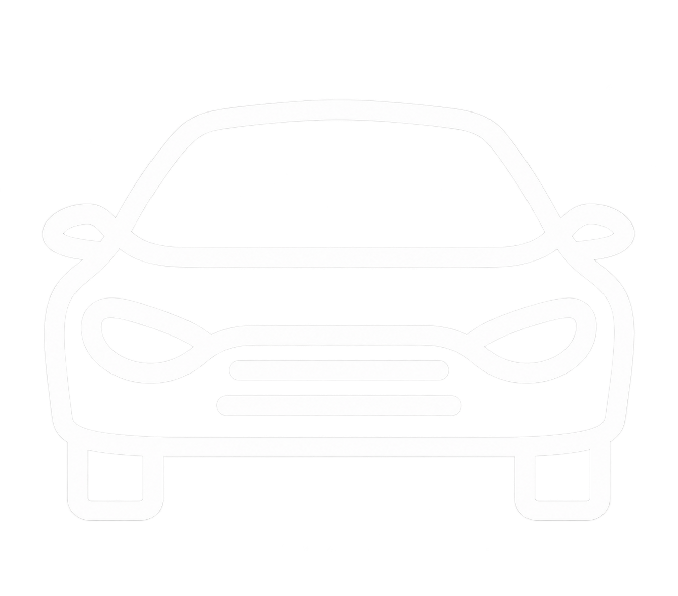 A front view outline of a compact, modern car with rounded edges, side mirrors, and distinctive headlights.