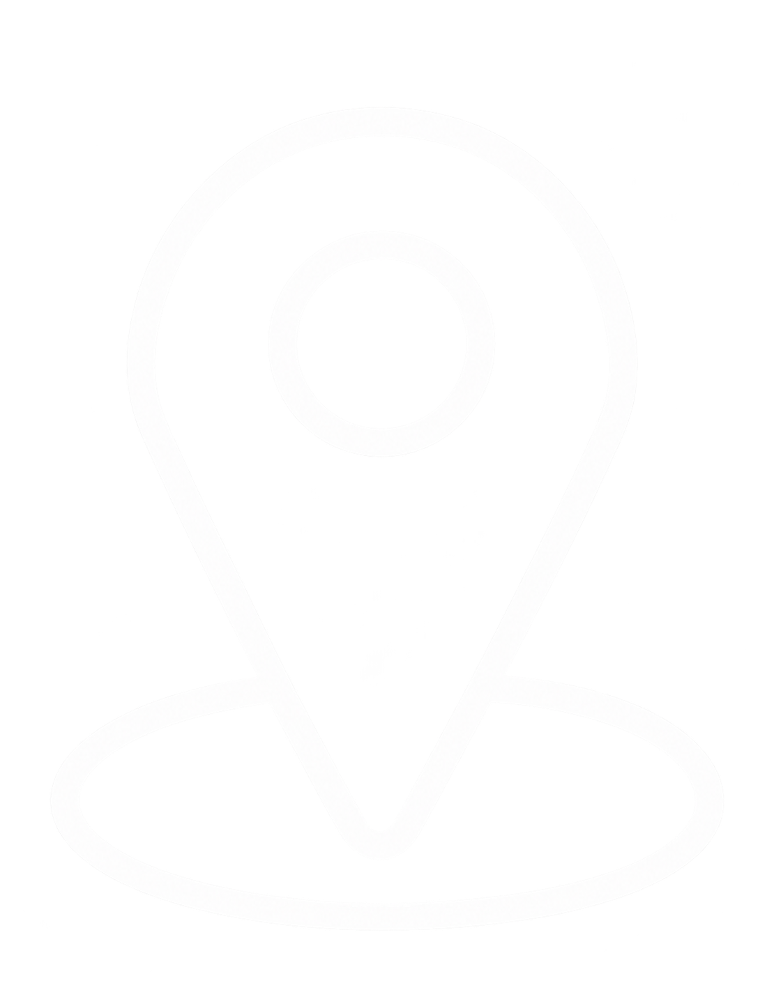 A black and white outline of a location pin icon with a circular top and a pointed bottom, and a small oval shape at the base suggesting a stand or base.