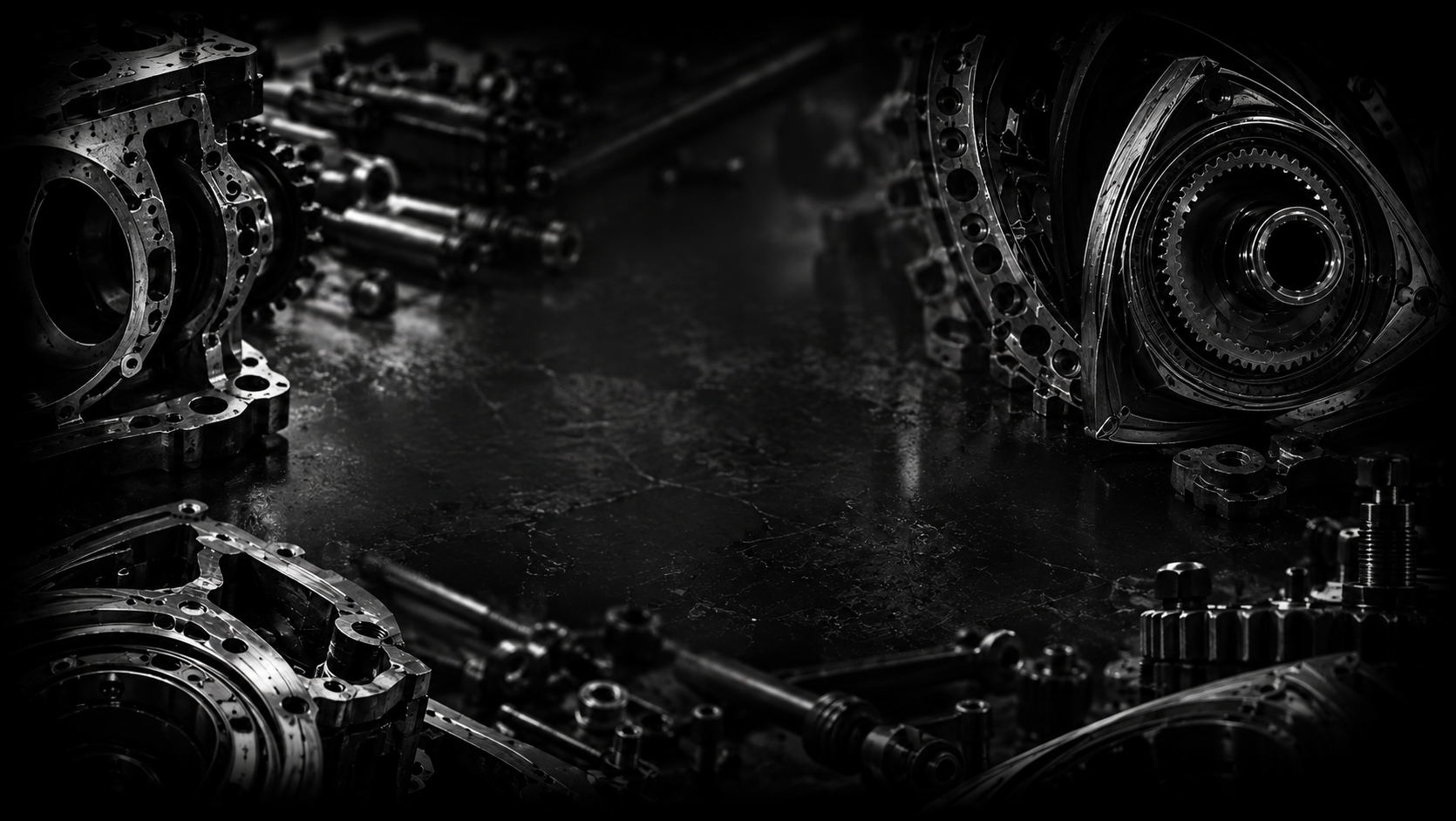 Black and white photo of disassembled automotive engine parts and gears on a dark surface.