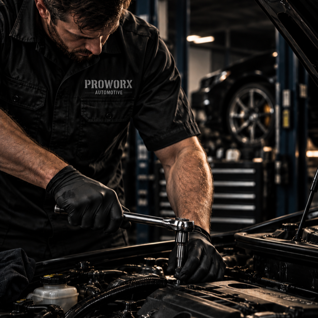 A mechanic working on a car engine in an auto repair shop, wearing black gloves and a black shirt with 'PROWORX AUTOMOTIVE' logo.