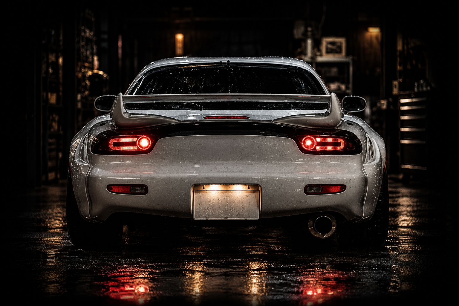 Rear view of a fd rx7 sports car in a dark garage, with wet surface reflecting its taillights.