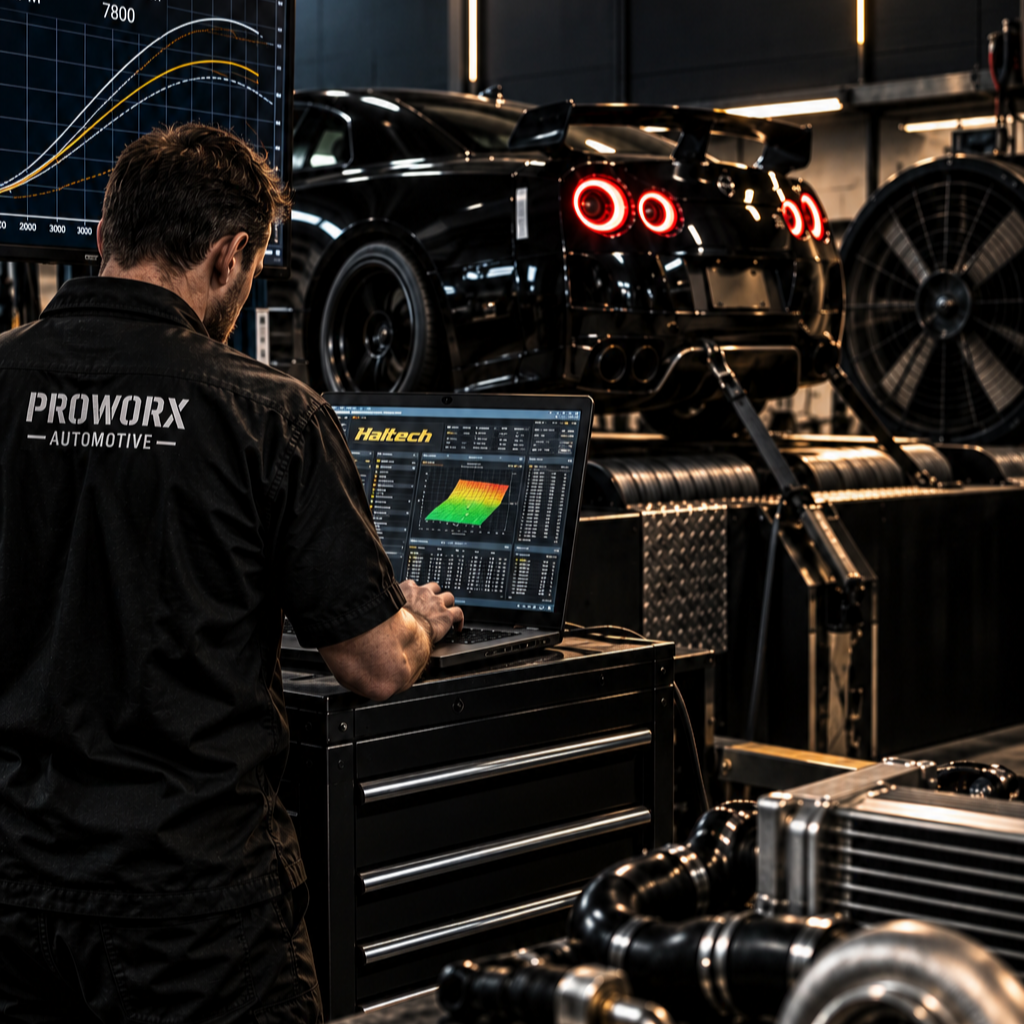 A man with a 'ProWORX Automotive' shirt working on a laptop in a high-tech automotive research lab with a black race car in the background and large equipment.