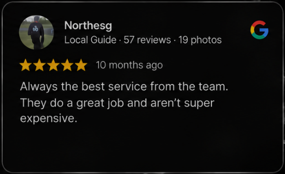 Google review from Northesg with a five-star rating, praising the team's service as the best, affordable, and highly professional.