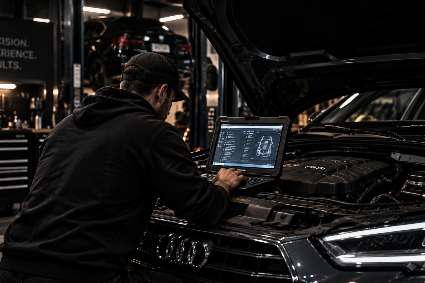 Vehicle diagnostics using specialist computer equipment at Proworx Automotive in Taupō.