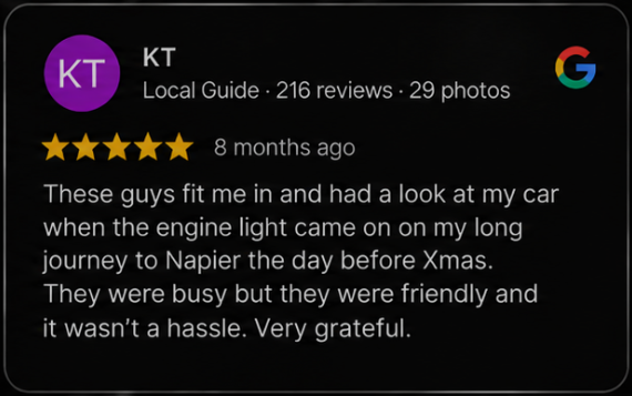 Screenshot of a Google review from user KT stating they had their car looked at by friendly guys who fit them in quickly, on a day before Christmas.