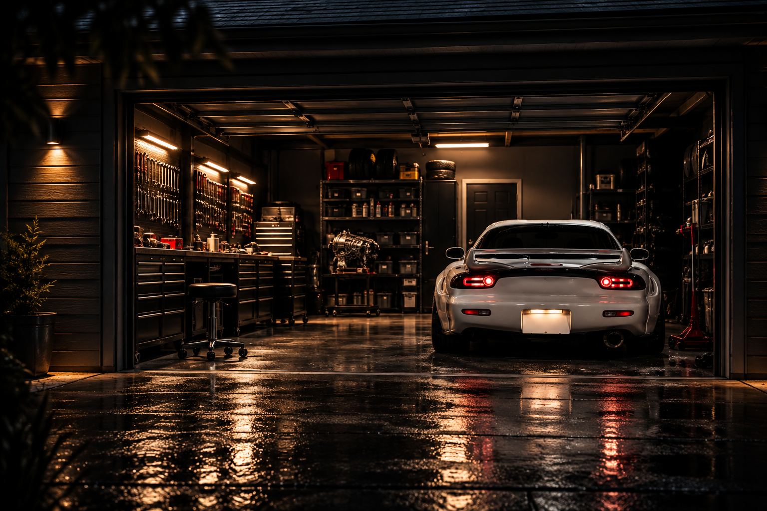 A car inside a well-lit garage with tools and equipment on the walls and shelves.