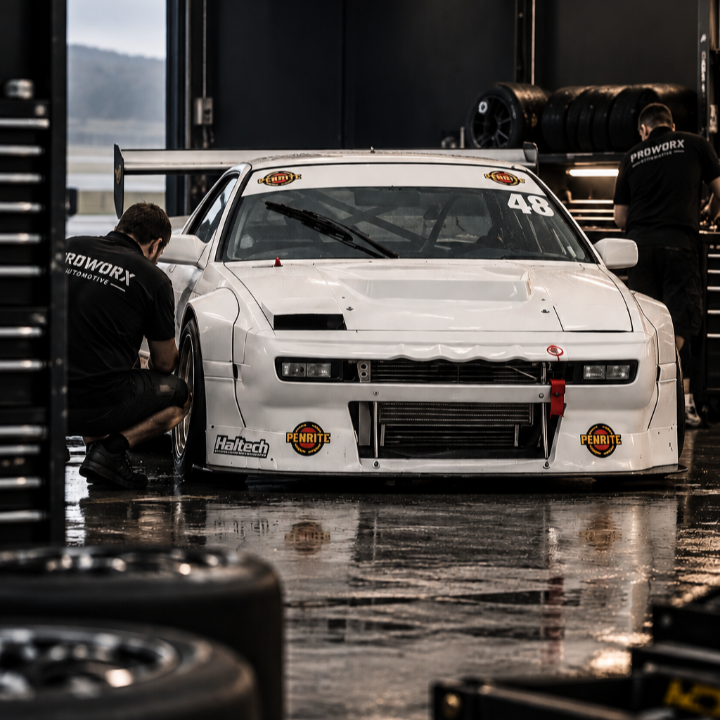 A white race car with the number 48 on the windshield being serviced by two mechanics in a garage. The garage has tires mounted on racks and tools organized on shelves.