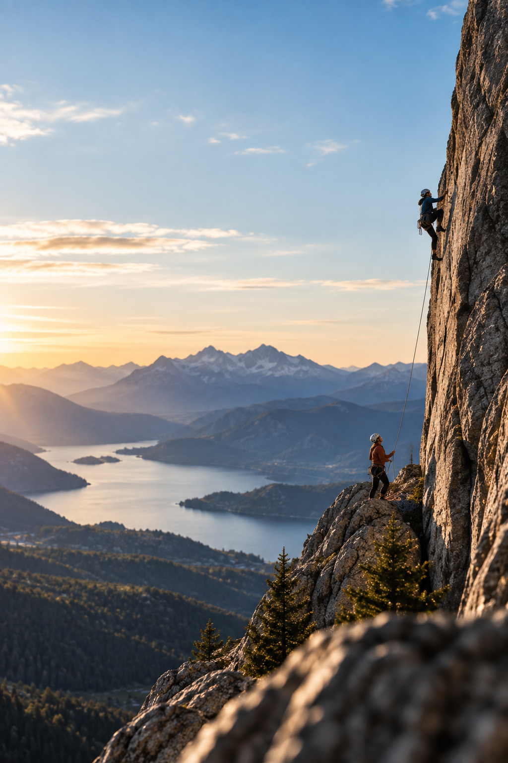 Two rock climbers ascending a mountain at sunset, with snow-capped peaks and a lake in the distance.