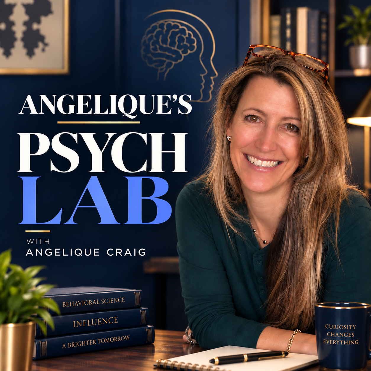 Angelique Craig seated at a desk for Angelique's Psych Lab, surrounded by books on behavioral science and influence.