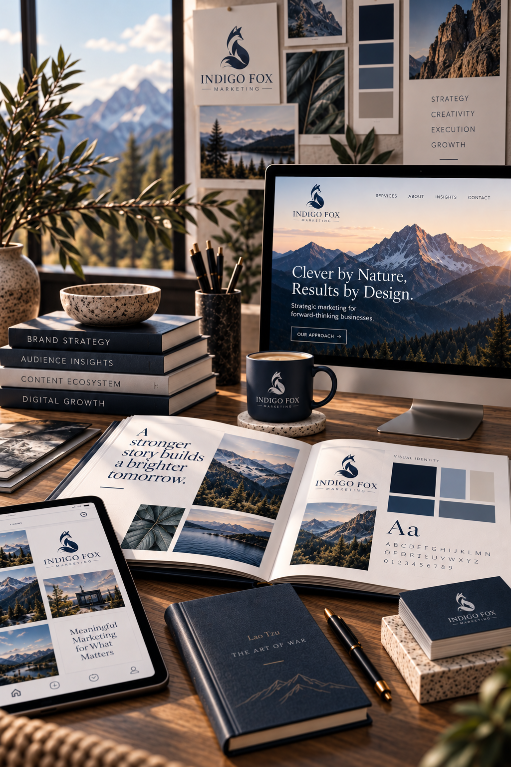 Marketing workspace with a computer, branding portfolio, and books on brand strategy and audience insights, with mountain scenery through the window.