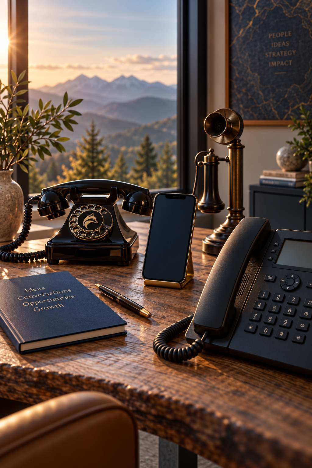 Office desk with vintage and modern phones, a notebook titled "Ideas, Conversations, Opportunities, Growth," and a mountain view at sunset.