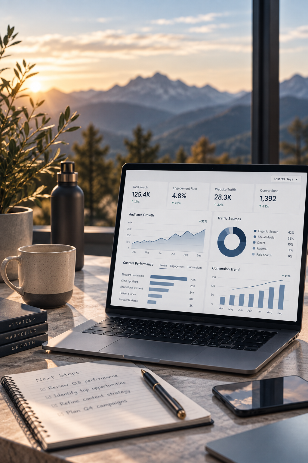 Laptop displaying marketing analytics on a desk, with a notebook of next steps and mountains in the background.