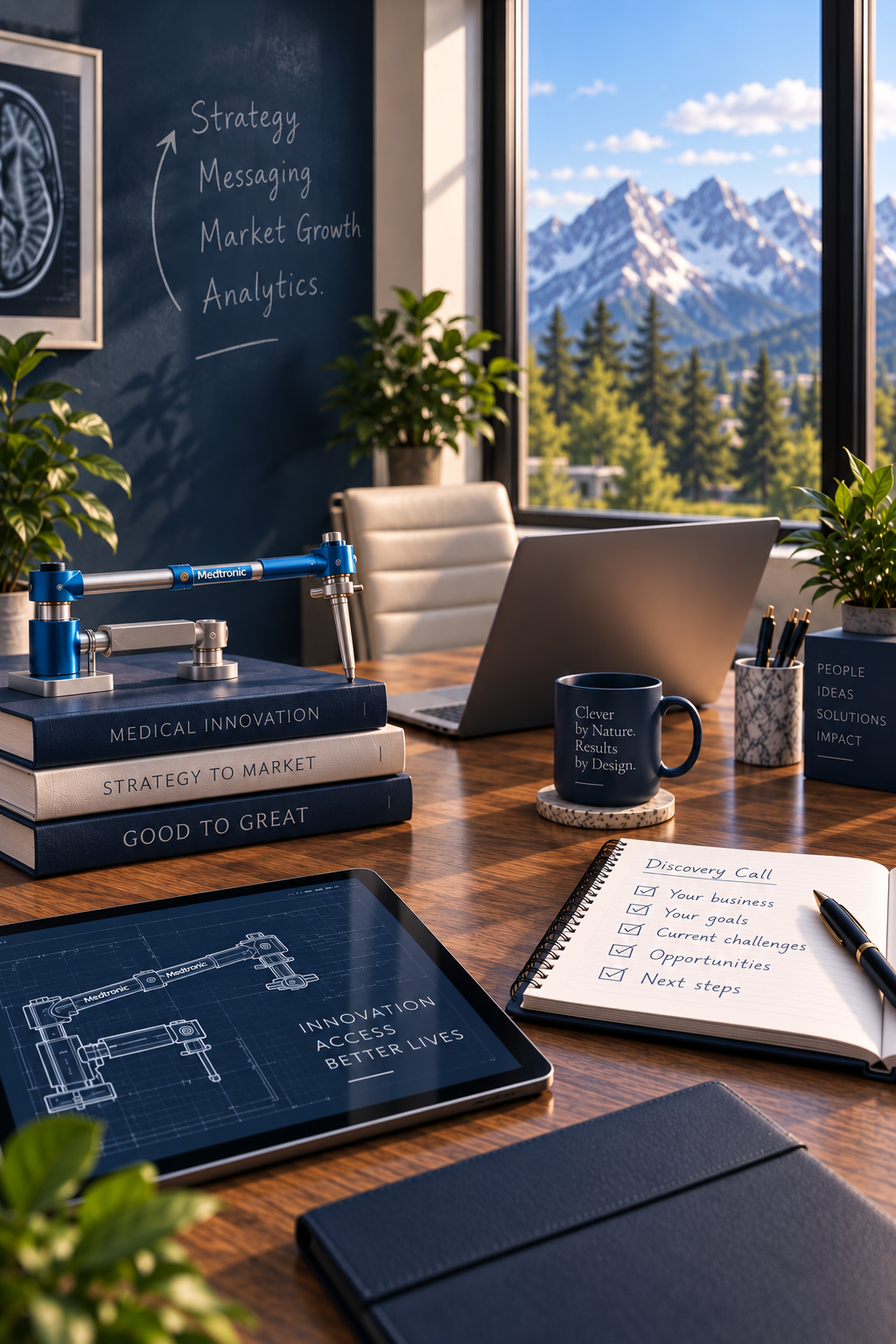 Office desk with a tablet showing a medical illustration, a discovery call checklist, and marketing strategy books, with mountain views through the window.
