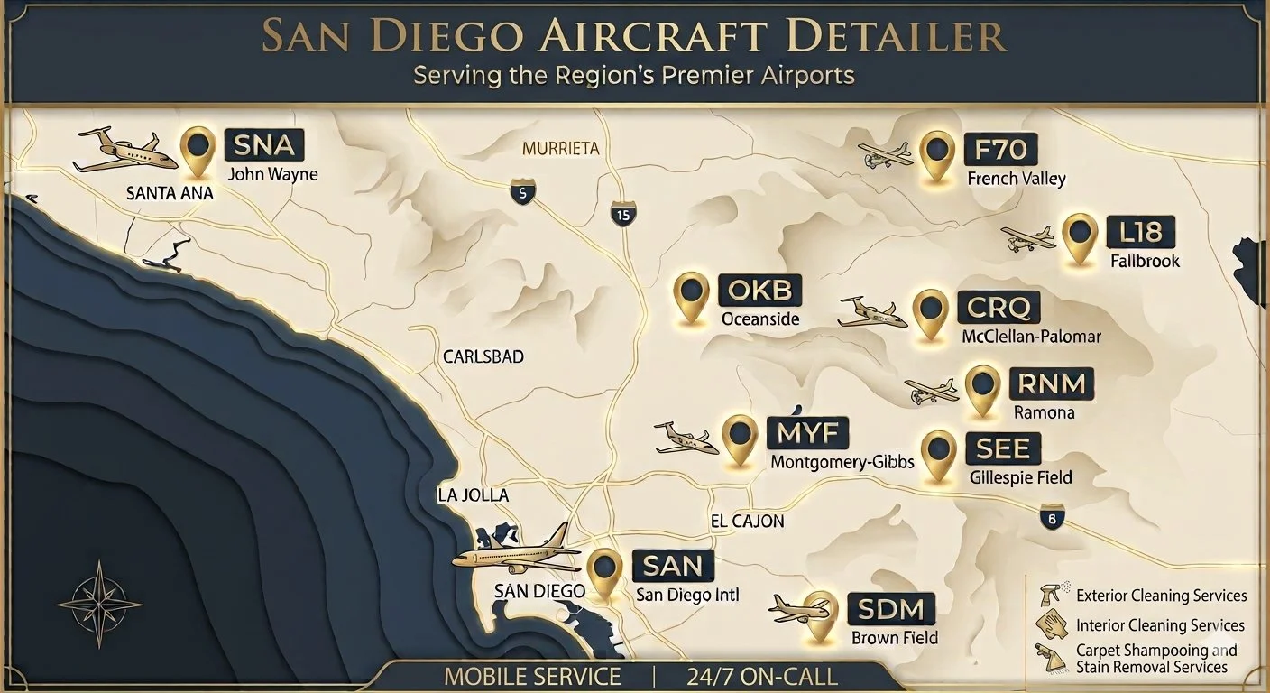 24/7 private jet cleaning San Diego, mobile aircraft detailing San Diego, SAN, MYF, SEE, SDM, CLD / CRQ, RNM, OKB, L18 Ramona Airport, F70 Fallbrook Community Airpark, SNA