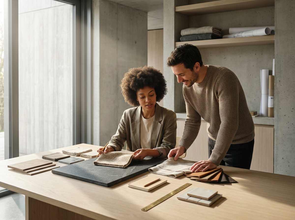 Two people discussing fabric and material samples around a wooden table in a modern, well-lit room with large windows.