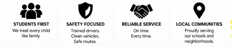 Icons with text emphasizing student priorities: Students First, Safety Focused, Reliable Service, Local Communities.