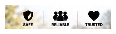 Icons with text reading 'Safe', 'Reliable', and 'Trusted'