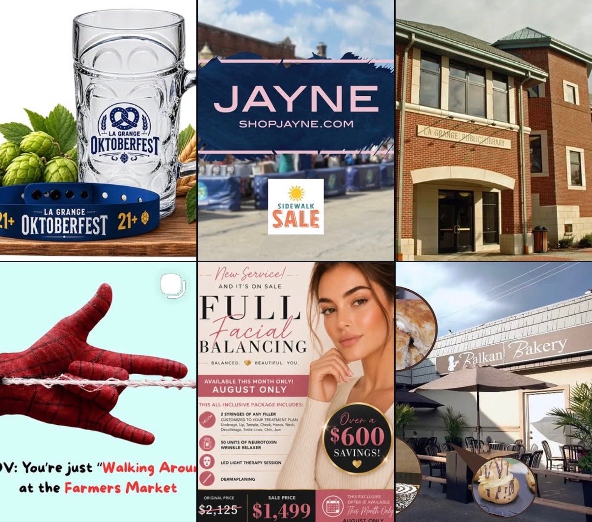 Six images featuring various objects and locations. The first shows two beer mugs with a band promoting Oktoberfest, surrounded by hop flowers and nuts. The second is a promotional sign for a sidewalk sale by Jayne. The third is the exterior of a bri