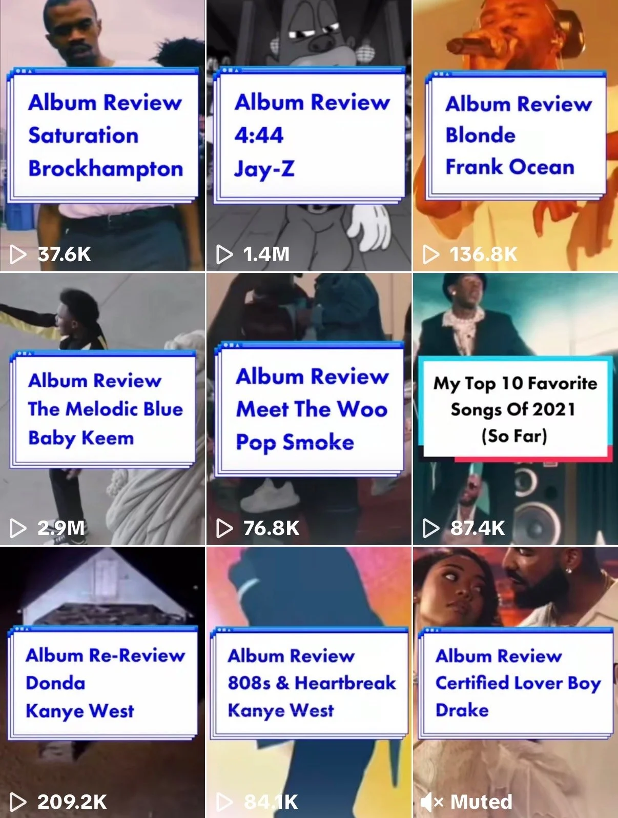A grid of nine video thumbnails featuring various album reviews and top song lists from 2021, with some images of people and animated characters, and some text overlays with titles and artist names.