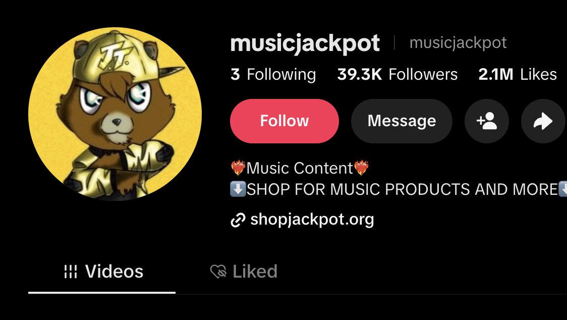 TikTok profile page for musicjackpot, featuring a cartoon bear wearing a gold cap and a jacket with a confident expression, against a yellow background.