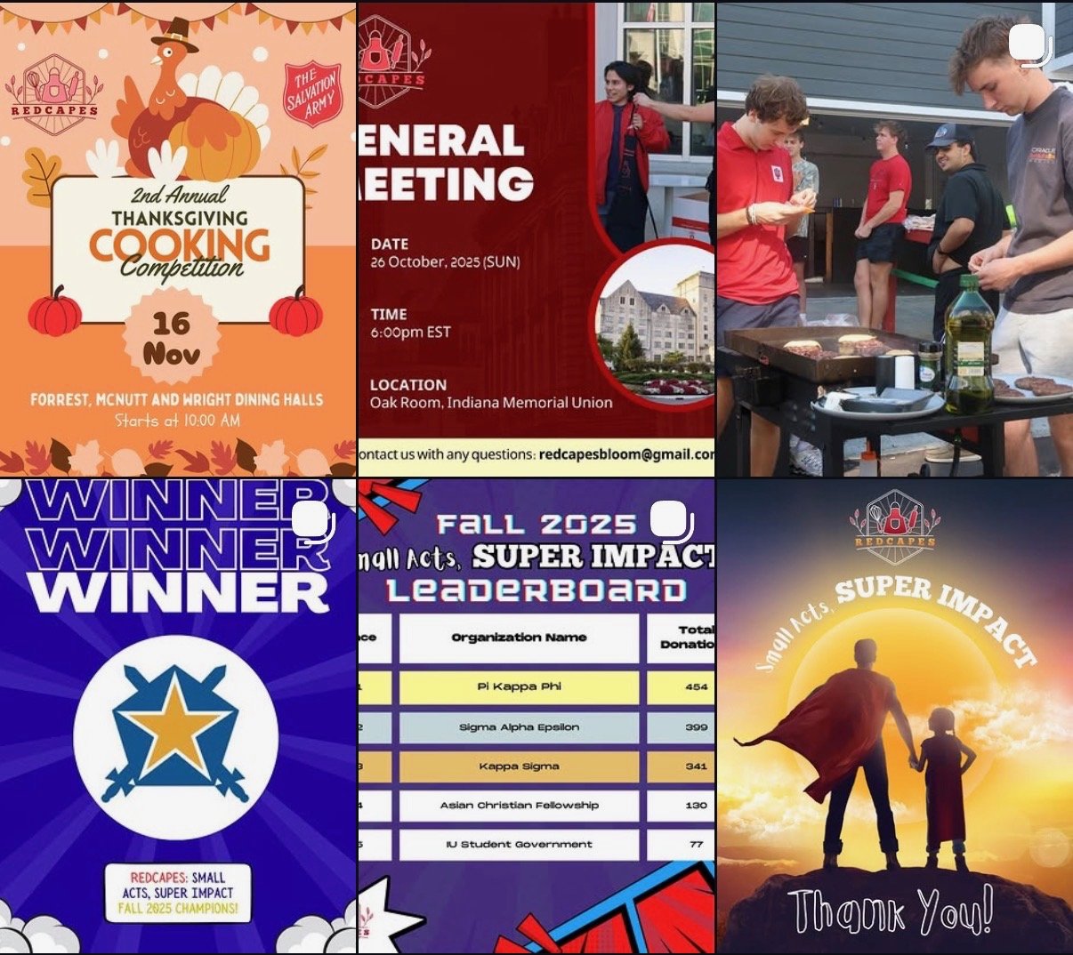 A collage of six images: an advertisement poster for a Thanksgiving cooking competition, an invitation to a general meeting, people grilling outdoors, a winner poster with a trophy symbol, a leaderboard for a fall 2025 event, and a thank you card wit