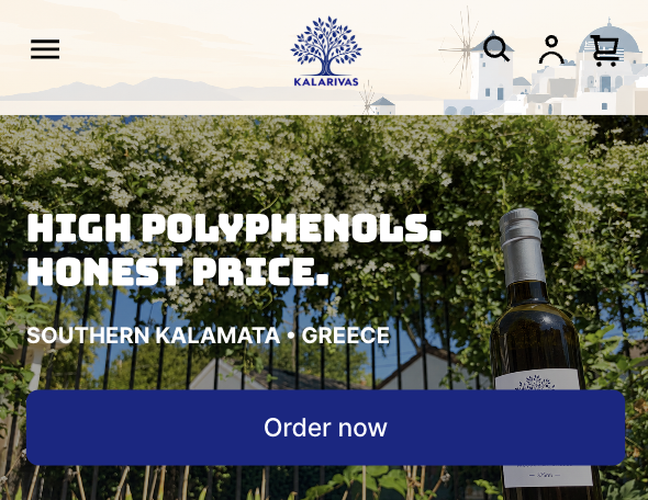 Website homepage for Kalarivas promoting high polyphenols wine from Southern Kalamata, Greece, with navigation icons and a bottle of wine in the foreground.