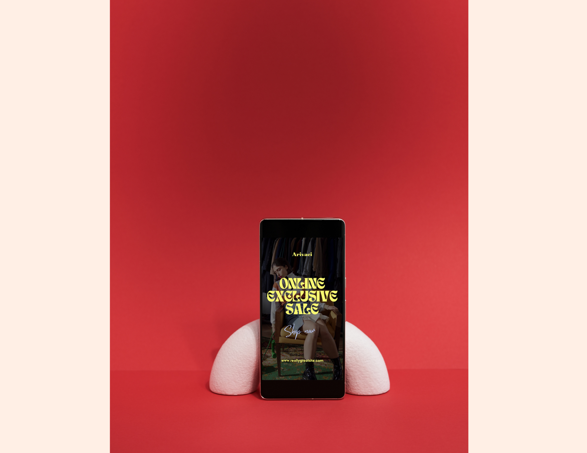 A smartphone displaying a model on the screen, surrounded by promotional text about an online sale, placed on a red and white abstract background.