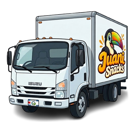 Camion de reparto de Juani Snacks con logo de tucán colorido en la caja