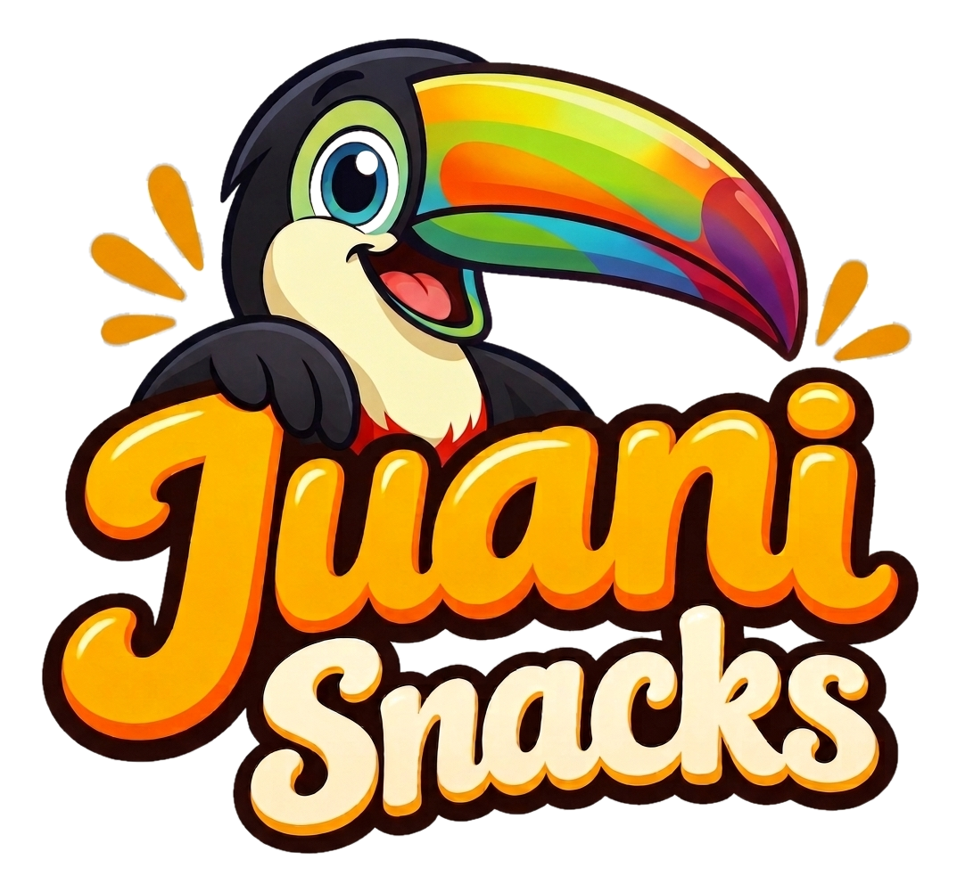 Logo de Tiui Snacks con un tucán con pico de colores brillantes y texto en letra grande y amarilla que dice 'Tiui Snacks'.