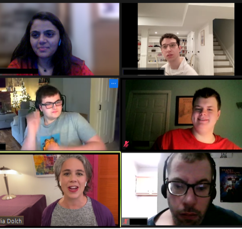 Six people participating in a virtual video call, each in their own space with various backgrounds.