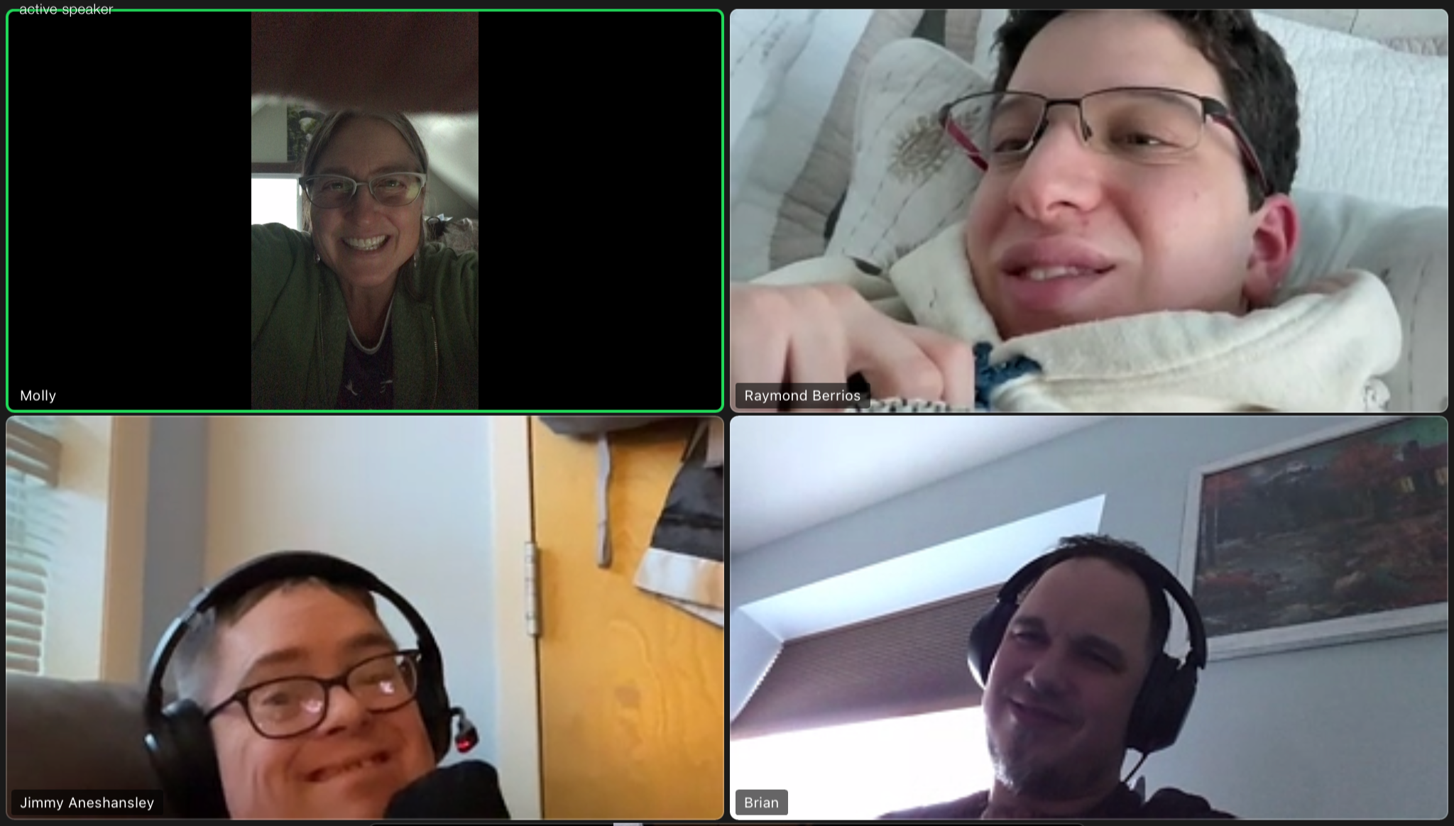 Screen capture of a video conference with five participants, each in their own window. The top left window shows a woman smiling, wearing glasses and a green jacket, labeled "Molly." The top right window features a young man with glasses lying on a bed, labeled "Raymond Berrios." The bottom left window shows a man with glasses and headphones, smiling, labeled "Jimmy Aneshansley." The bottom right window displays a man with glasses and headphones, smiling, labeled "Brian." The background environments vary, including a living space, bedroom, and office.