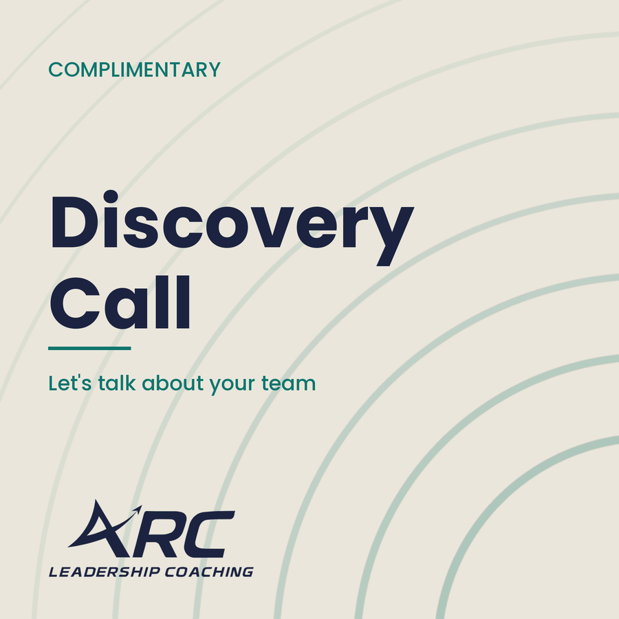 A promotional flyer for ARC Leadership Coaching's Discovery Call. The flyer features a light background with curved line patterns, with text indicating it's a complimentary consultation to discuss the team.