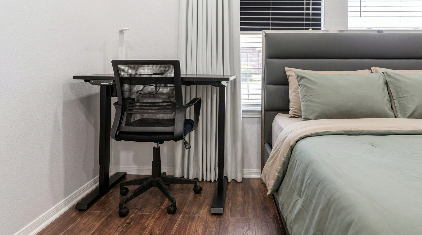 Bedroom with a small black desk, black office chair, and bed with green and beige bedding, with windows featuring white blinds and curtains.