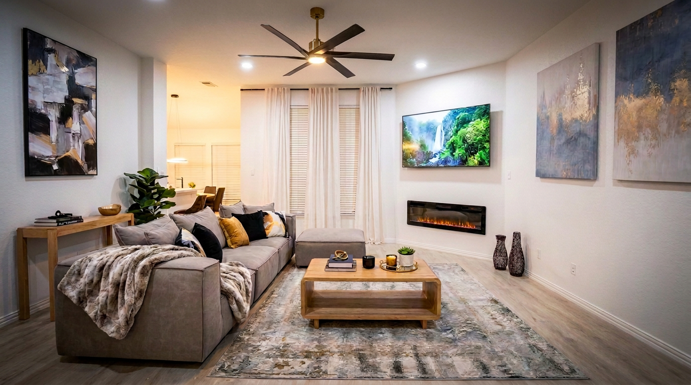 Modern living room at Ivory House McKinney with warm neutral decor.