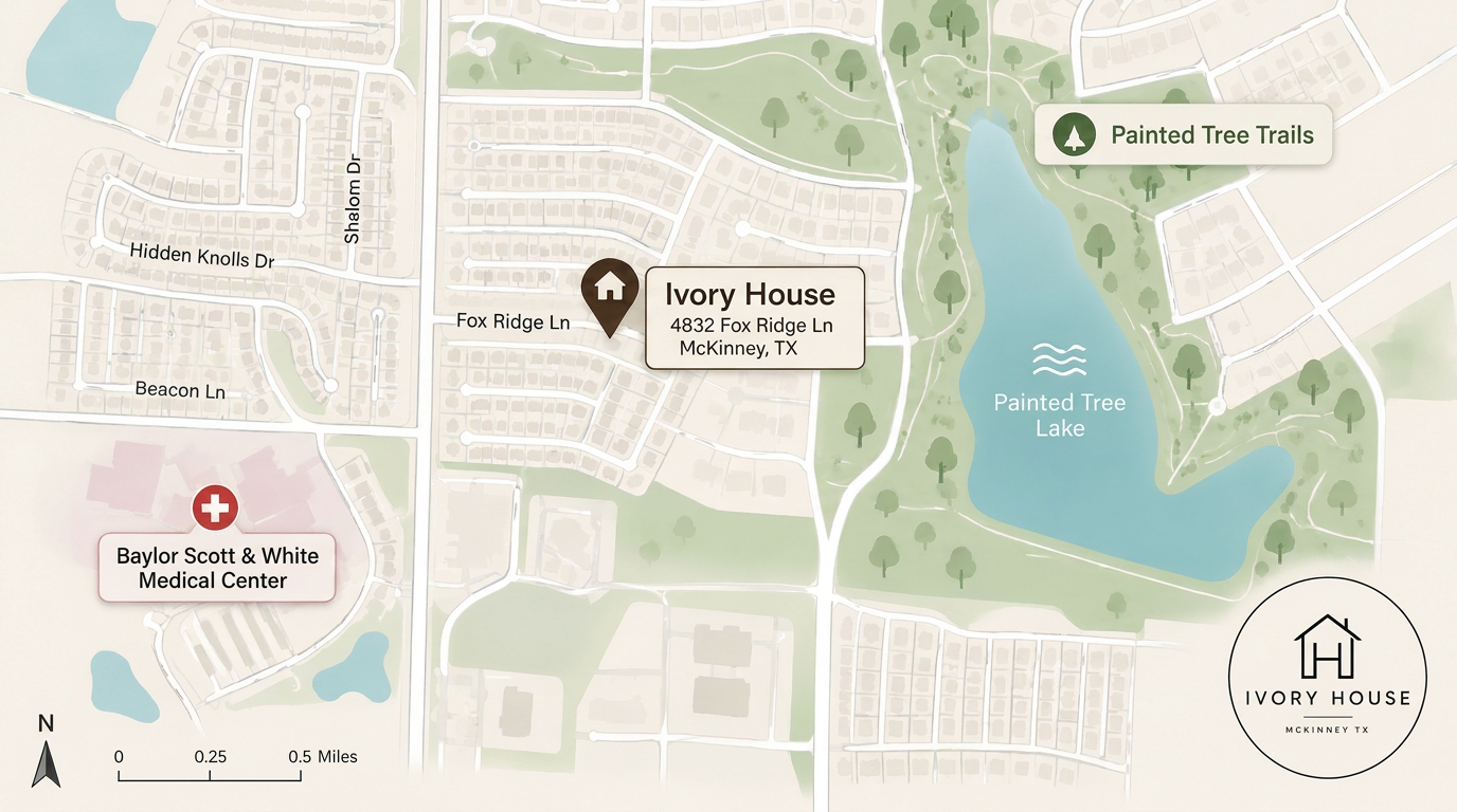 Map showing Ivory House McKinney location near local attractions and hospitals.