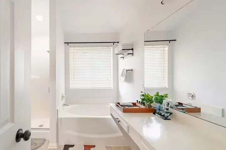 Bright bathroom with bathtub, two windows with blinds, mirror, countertop tray with toiletries, and potted plants.