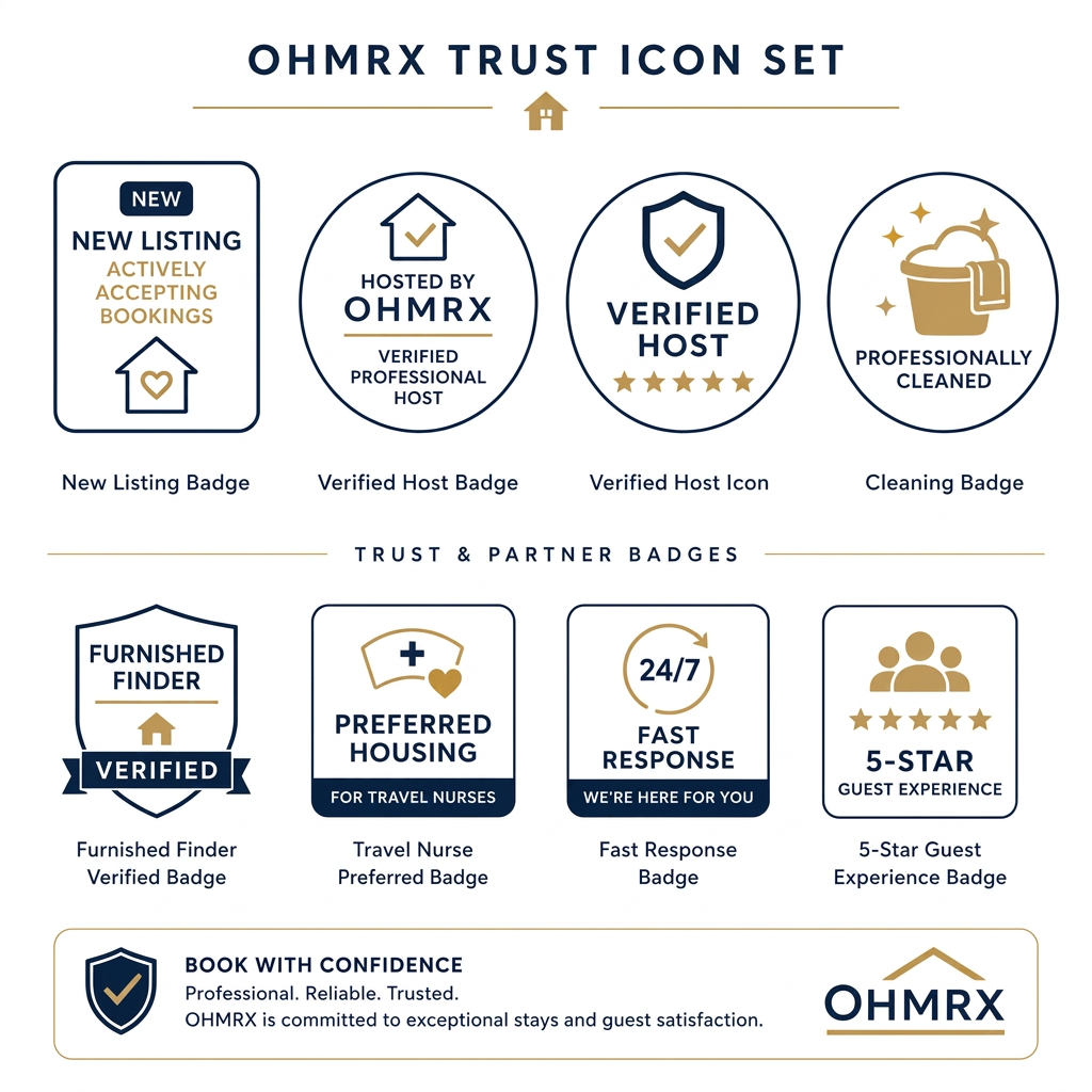 OHMRX trust icon set showing verified host, new listing, and travel nurse housing badges for Ivory House McKinney.