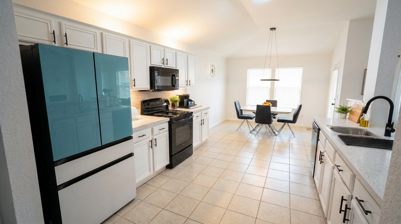Bright kitchen at Ivory House McKinney with dining nook and modern appliances.