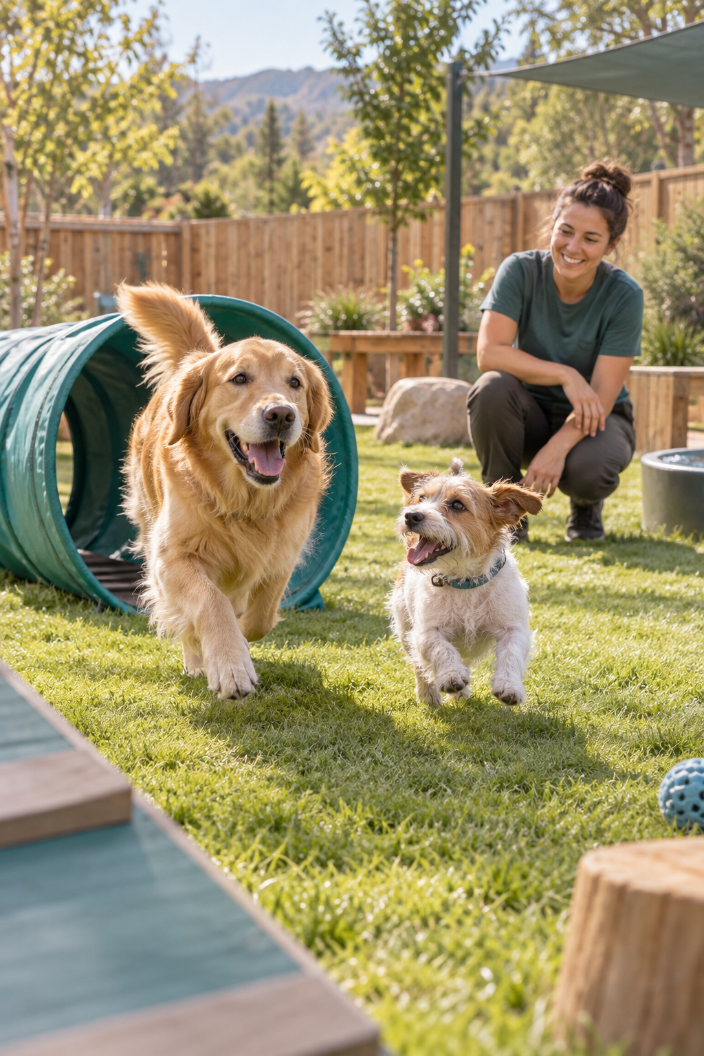Concept image of two happy dogs playing in a secure grassy enrichment yard with an attentive caregiver.