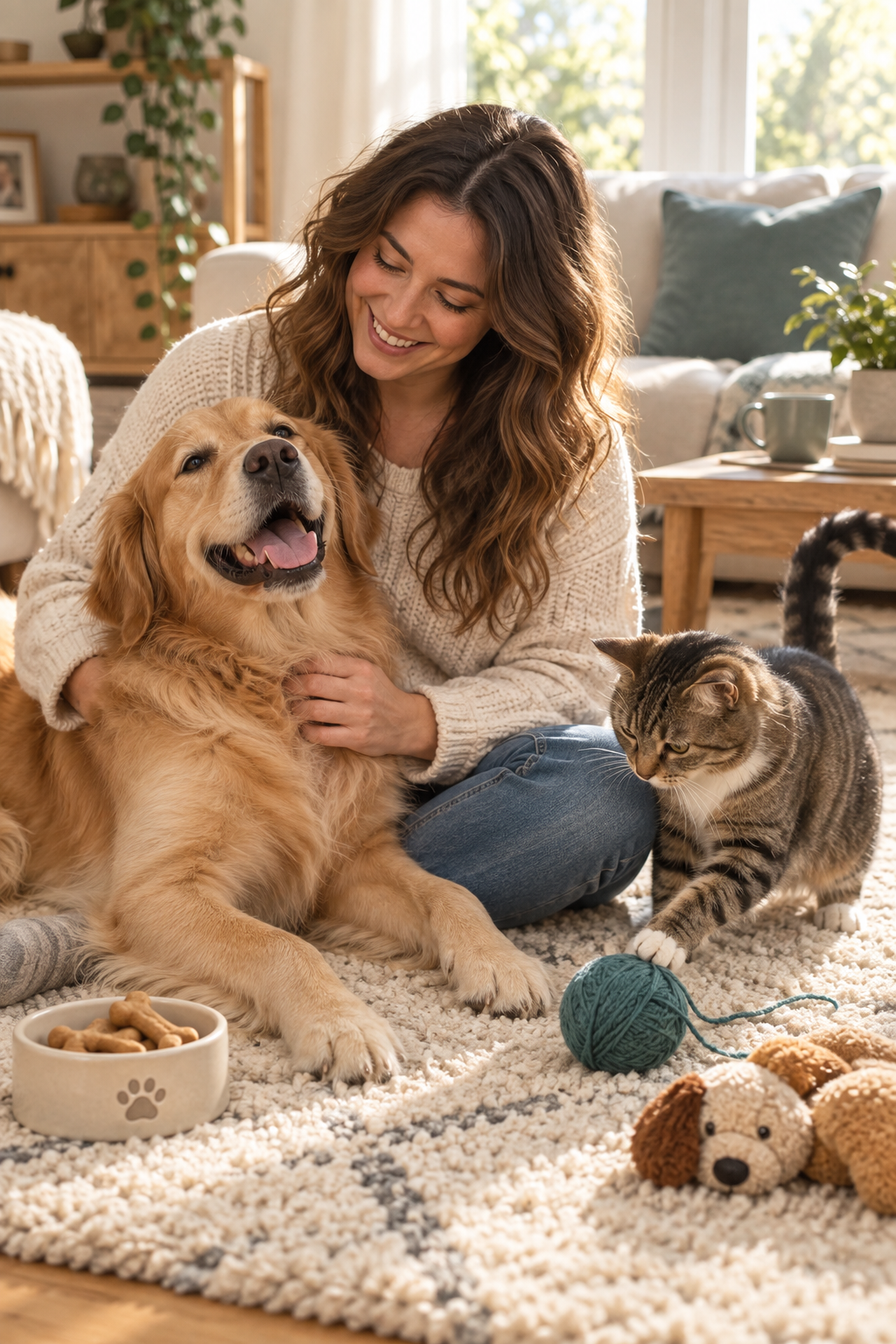 A pet parent cuddles a happy golden retriever while a tabby cat plays nearby, with dog biscuits and toys in a warm, welcoming home.