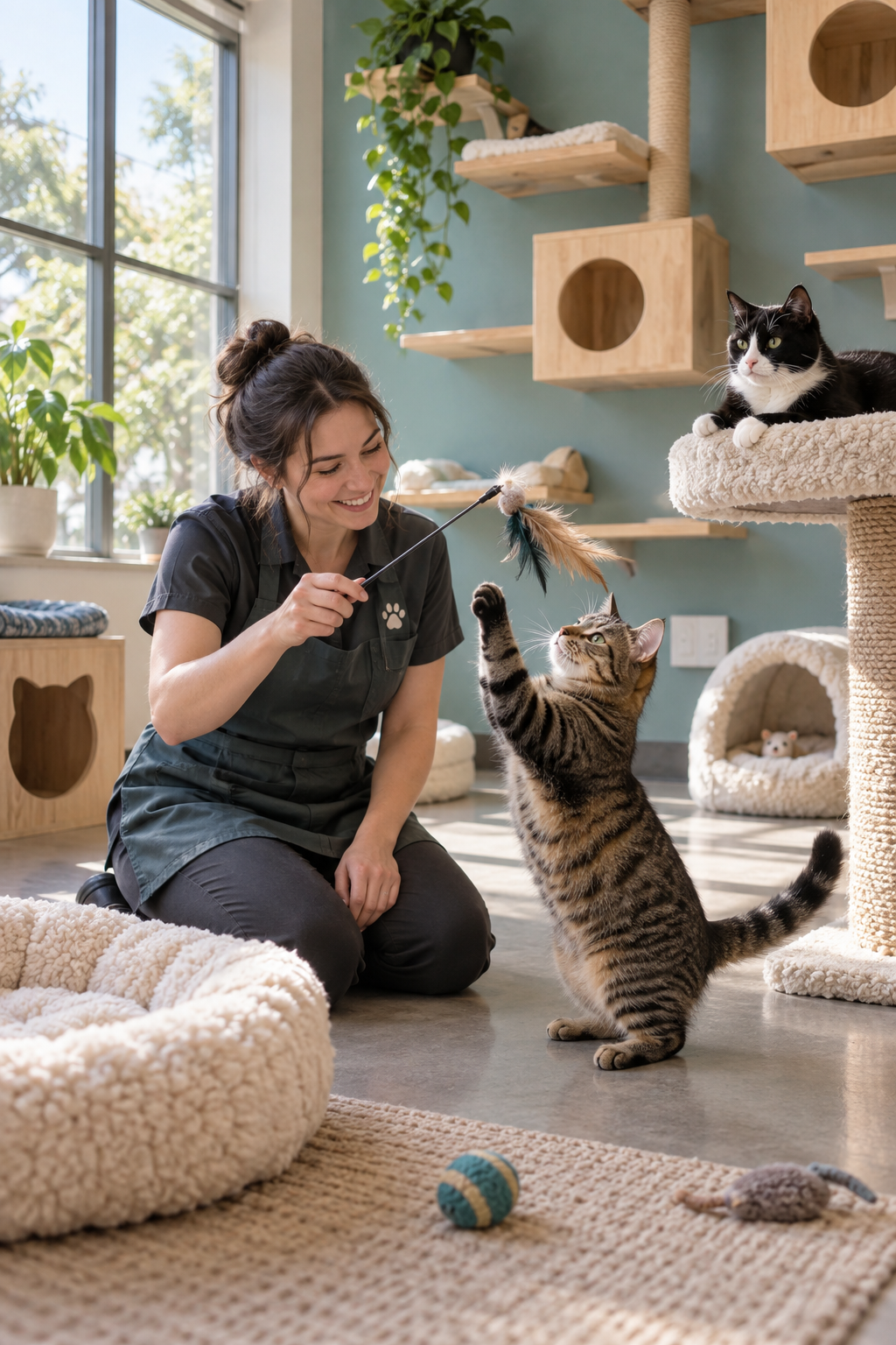 Concept image of a caregiver playing with a tabby cat while a tuxedo cat rests on a perch in a cozy cat lounge.