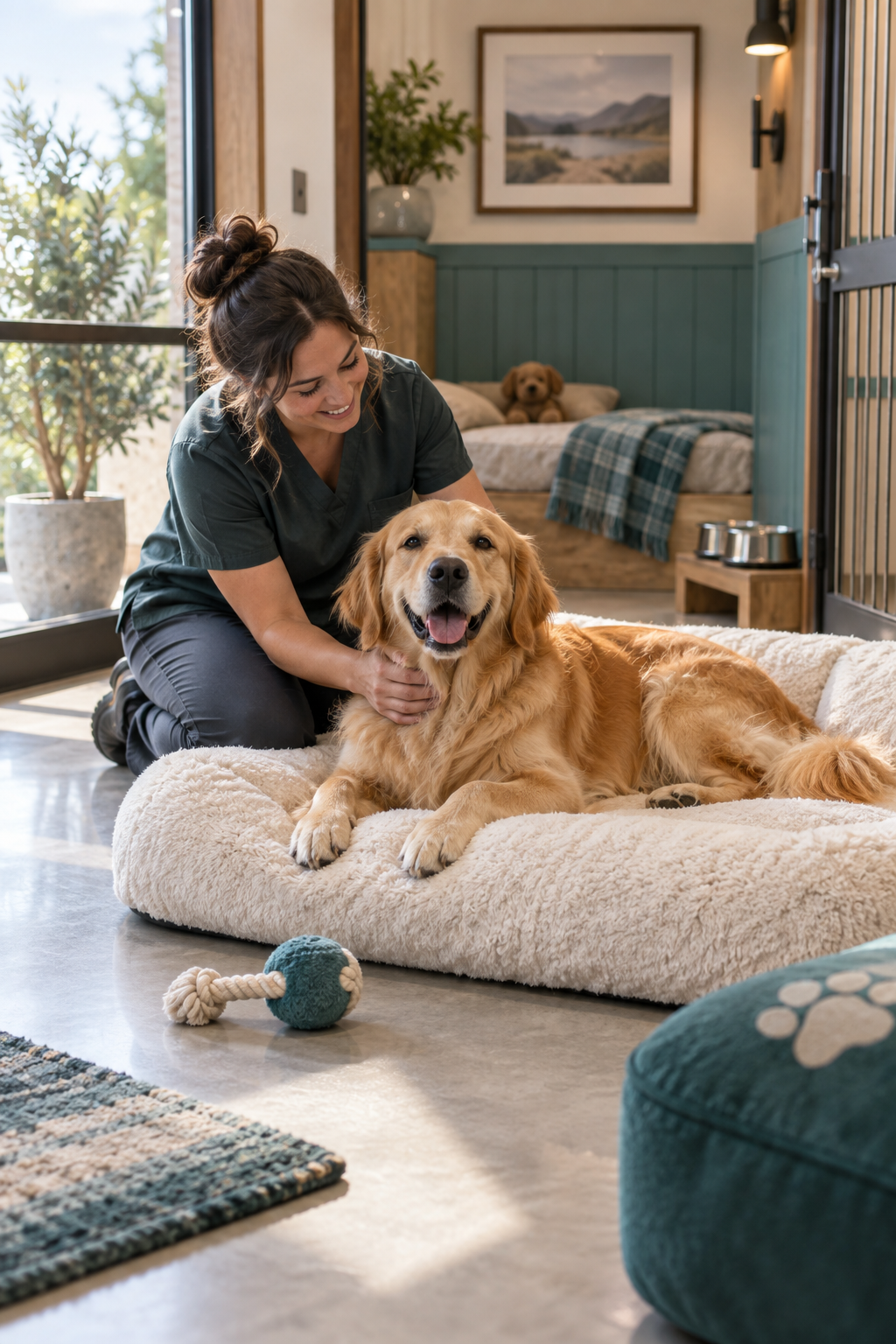 Concept image of a caregiver comforting a golden retriever on a cozy bed in a bright boarding suite.