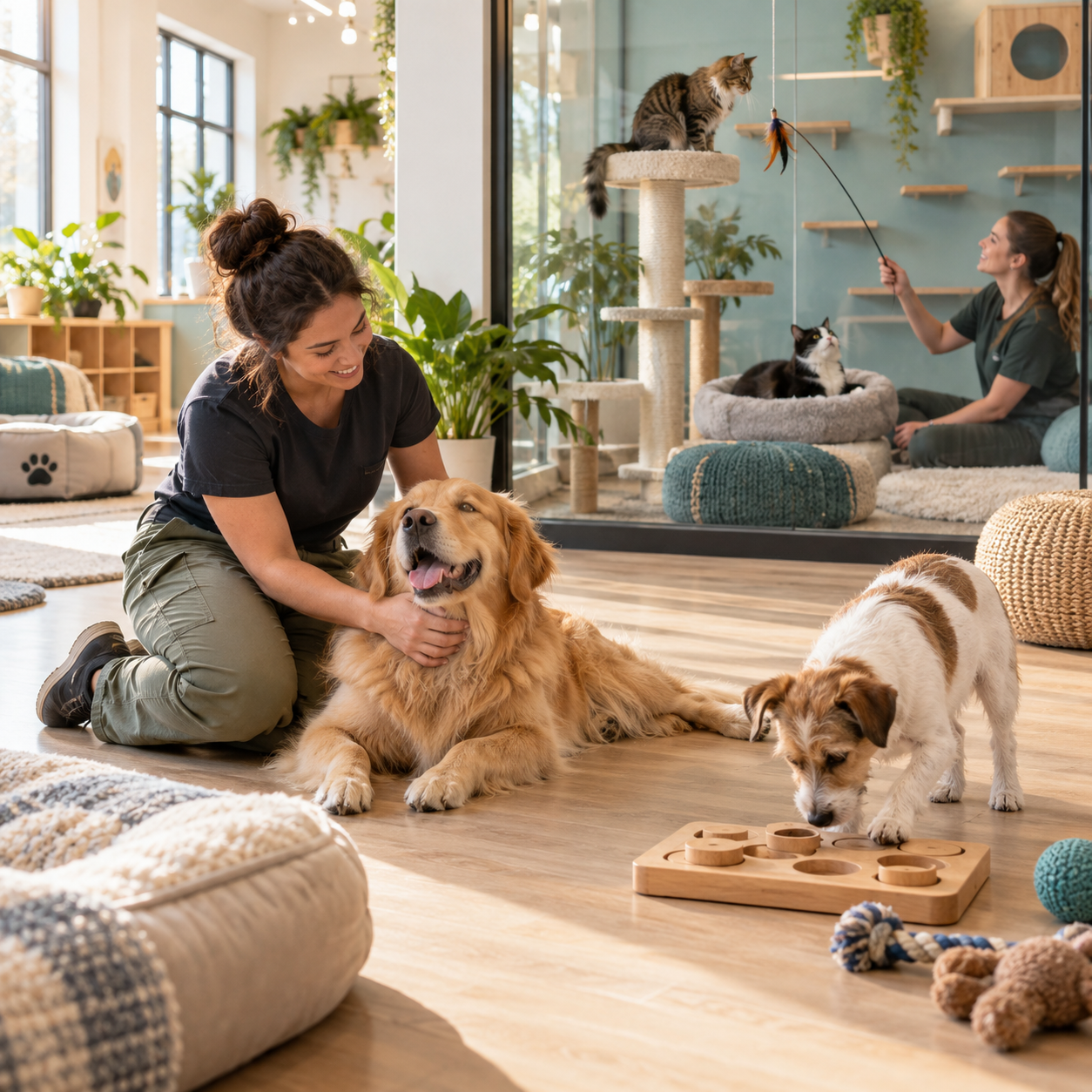 Concept image of a welcoming pet daycare, with caregivers giving dogs and cats affection, puzzle play, and climbing enrichment in separate comfortable spaces.