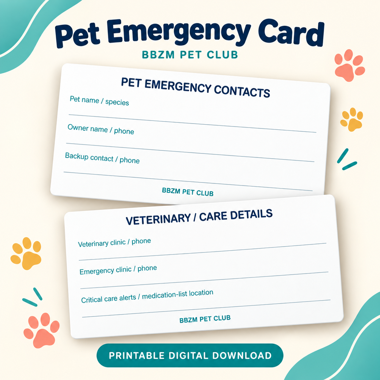 Pet Emergency Information Cards