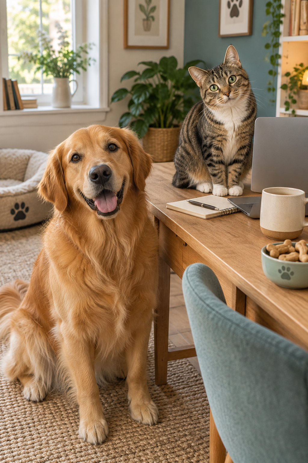 A friendly golden retriever and curious tabby cat welcome visitors beside a laptop, notebook, and dog biscuits in a cozy cream-and-teal room.