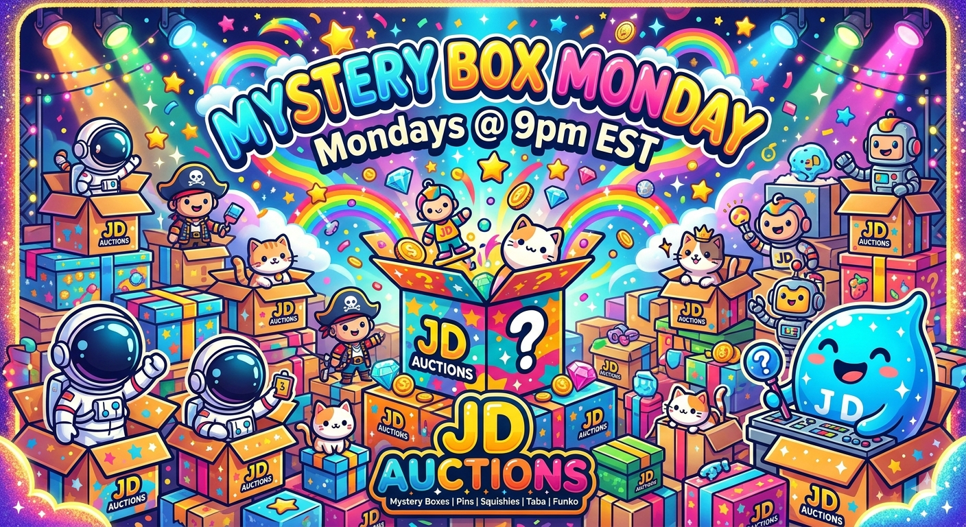 Colorful animated illustration promoting 'Mystery Box Monday' at JD Auctions, happening every Monday at 9 pm EST. The image features cute cartoon characters, including astronauts, pirates, cats, robots, and a smiling water droplet, surrounded by rain